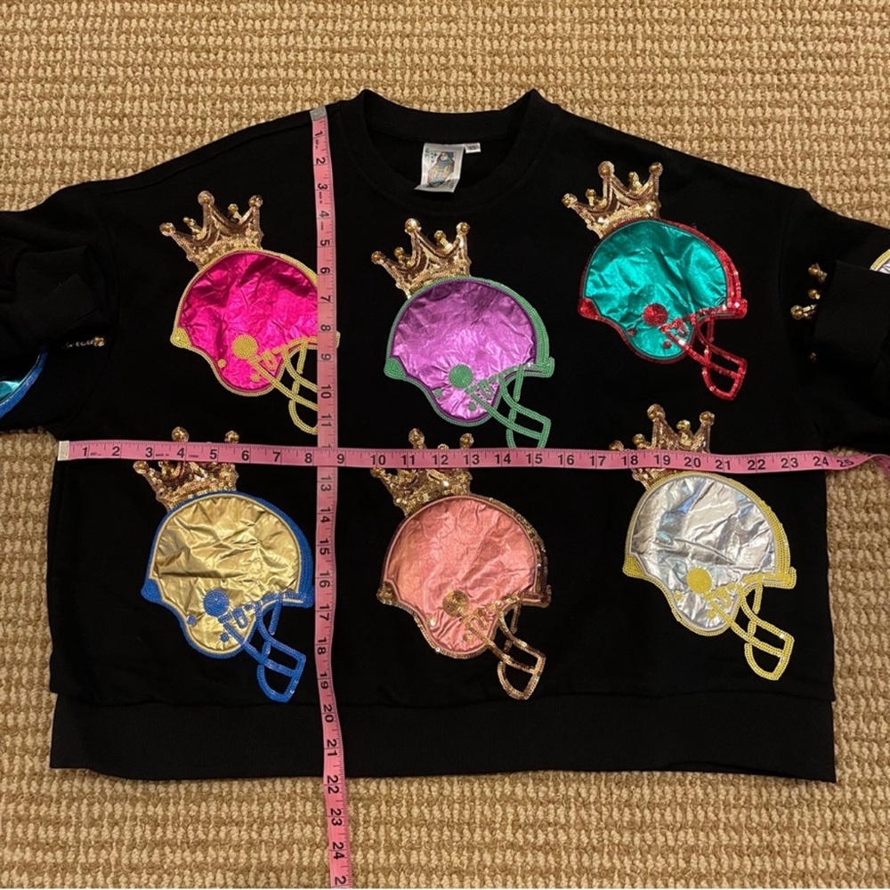 QUEEN OF SPARKLES Black Sweatshirt with Colorful Helmets and Gold Crowns - Picture 3 of 5